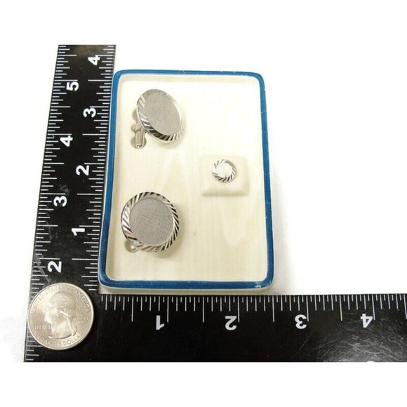 Vintage Swank Cufflinks Set Silver Tone Disc Shaped Fluted Edge With Tie Tack - Picture 4 of 13